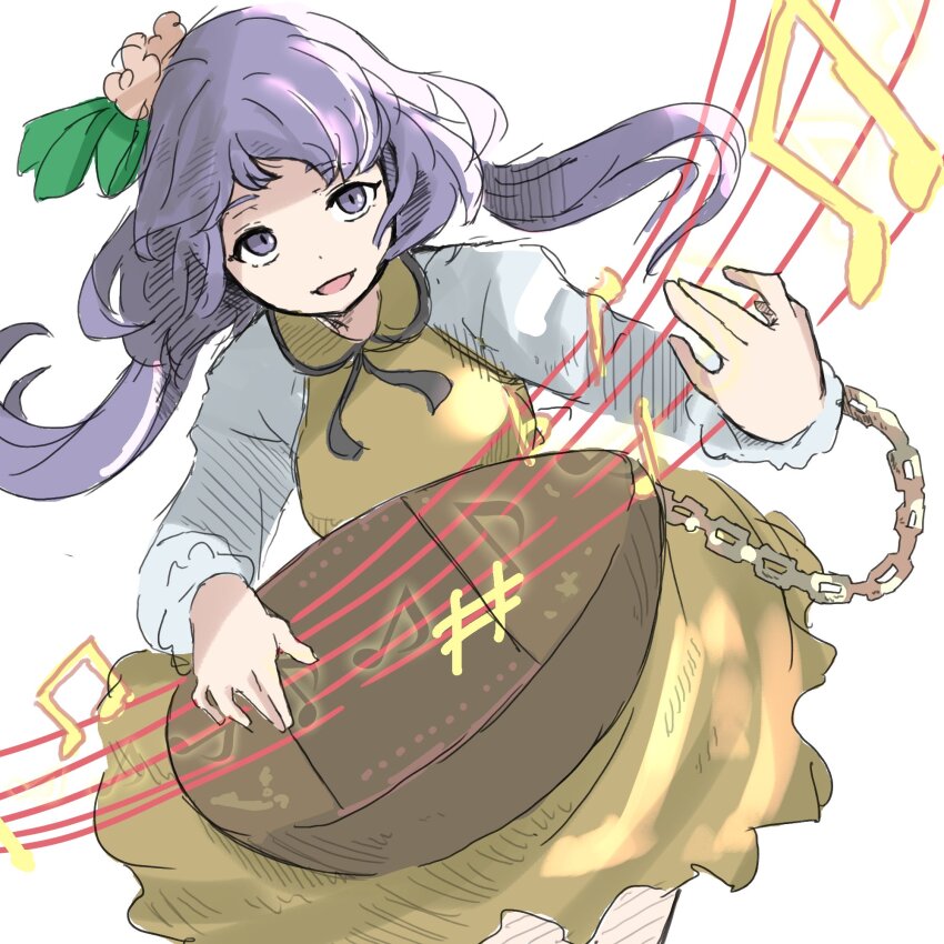 1girl bifidus_(exkagerou8665) dress flower hair_flower hair_ornament highres instrument long_sleeves looking_up music one-hour_drawing_challenge playing_instrument puffy_long_sleeves puffy_sleeves purple_eyes purple_hair smile solo touhou tsukumo_benben white_background yellow_dress