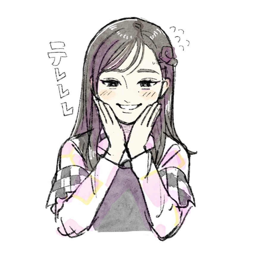1girl animification black_hair blush checkered_clothes checkered_dress commentary_request cropped_torso dress embarrassed flying_sweatdrops grin hands_on_own_cheeks hands_on_own_face let&#039;s_be_one_(love_live!) long_hair long_sleeves love_live! love_live!_series_asia_tour_2024 love_live!_superstar!! official_alternate_costume ookuma_wakana pink_dress real_life simple_background smile solllolll solo sound_effects swept_bangs upper_body voice_actor white_background