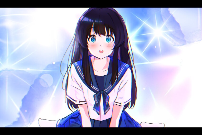 1girl andanden black_hair blue_bow blue_bowtie blue_eyes blue_sailor_collar blue_skirt blush bow bowtie collarbone colored_inner_hair commentary_request highres letterboxed long_hair looking_at_viewer multicolored_hair no_shoes on_ground open_mouth original pleated_skirt purple_hair sailor_collar school_uniform serafuku shadow short_sleeves sidelocks sitting skirt solo sparkle toes upper_body wariza