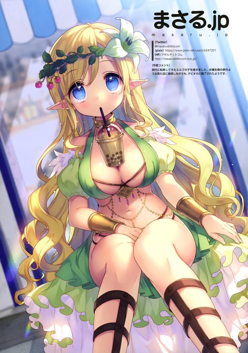 1girl absurdres artist_name blonde_hair blue_eyes bracelet bubble_tea bubble_tea_challenge e_2 elf female_focus flower hair_flower hair_ornament highres jewelry long_hair looking_at_viewer masaru.jp navel no_bra open_clothes open_shirt original panties pointy_ears solo underwear very_long_hair