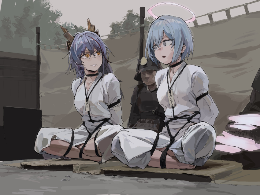 2boys 2girls a_tea akafuyu_(arknights) arknights armor bdsm blue_hair bondage bound female_focus grey_eyes highres horn_(arknights) horns japanese_armor multiple_boys multiple_girls nian_(arknights) restrained samurai shibari shibari_over_clothes sitting smile spuria_(arknights) wariza yellow_eyes