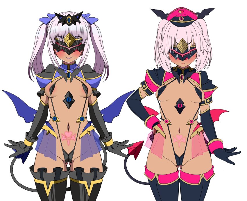 1girl 2girls areola_slip black_gloves blindfold blush breasts corruption covered_erect_nipples dark-skinned_female dark_persona dark_skin demon_tail demon_wings elbow_gloves eye_mask frozen_gingasan gloves gluteal_fold gunslinger_stratos hat highres long_hair low_wings mask multiple_girls multiple_views navel one-piece_swimsuit pink_hair pubic_tattoo rindou_shizune shinou_matsurika simple_background slave_gear slave_visor_(tsmg_nao!) slingshot_swimsuit small_breasts smile swimsuit tail tattoo thighhighs transparent_background ts_magical_girl_nao twintails variant_set white_background wings