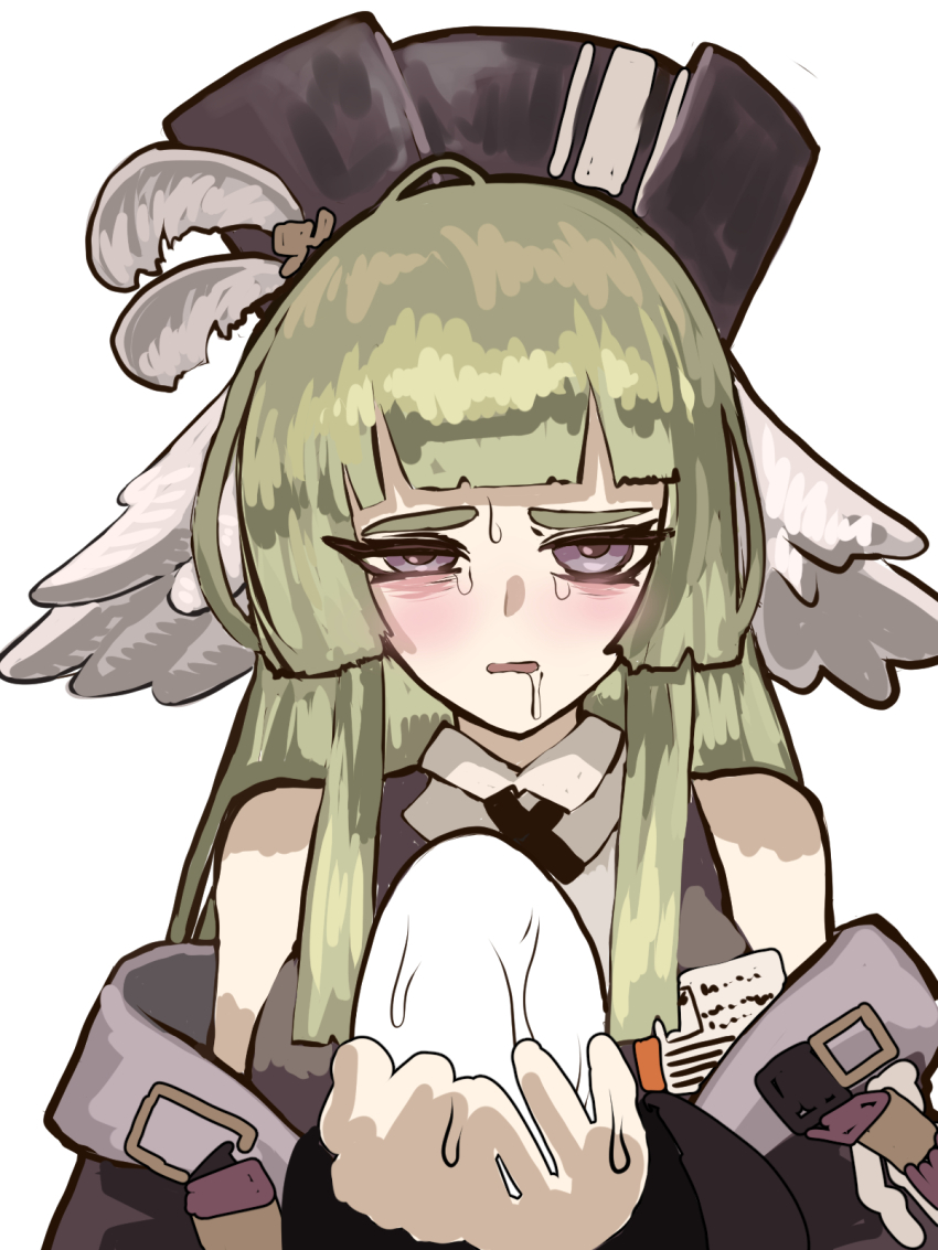1girl arknights bare_shoulders black_headwear black_vest blunt_bangs blush commentary drooling egg english_commentary feather_hair feathers gloves green_hair hat_feather highres holding holding_egg id_card long_hair looking_at_viewer open_mouth poncirus_(arknights) purple_eyes simple_background solo suggestive_fluid sweat thiccborb vest white_background white_feathers white_gloves wince