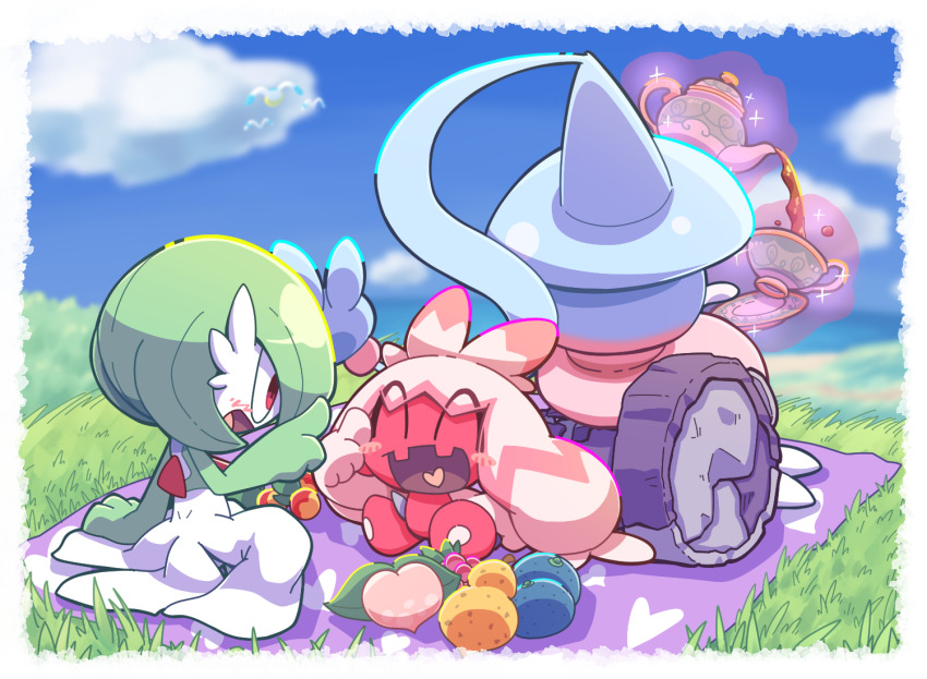 3girls ^_^ arm_support berry_(pokemon) blanket blue_hair blue_headwear blue_sky blurry blurry_background blush blush_stickers bob_cut border cheri_berry chibi closed_eyes cloud colored_skin cup day female_focus floating floating_object food from_behind fruit full_body gardevoir gen_3_pokemon gen_8_pokemon grass green_hair green_skin hand_up happy hat hatterene heart heart_in_mouth heart_print index_finger_raised long_hair looking_at_another multicolored_hair multicolored_skin multiple_girls nettsuu nintendo open_mouth oran_berry outdoors pecha_berry pelipper picnic pink_hair pink_skin pokemon pokemon_(creature) polteageist razz_berry red_eyes saucer short_hair sidelocks simple_bird sinistea sitrus_berry sitting sky smile teacup teapot telekinesis tinkaton two-tone_hair two-tone_skin very_long_hair white_border white_hair white_skin wingull witch_hat