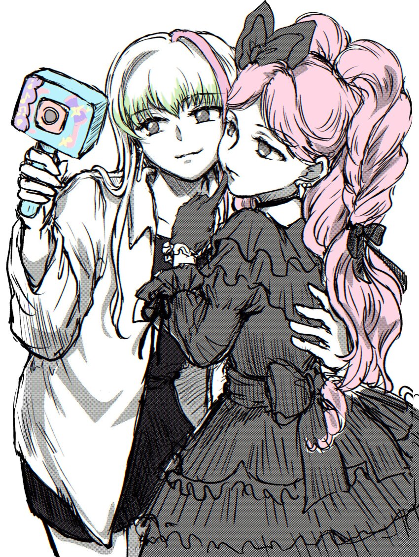 2girls absurdres amitukichi bare_legs black_choker black_dress black_gloves blunt_bangs braid camera casual choker closed_mouth cure_kiss cure_zukyuun dress earrings frilled_dress frilled_skirt frilled_sleeves frills gloves goth_fashion gothic_lolita green_hair hair_ribbon hands_on_another&#039;s_back highres holding holding_camera jacket jewelry kimi_to_idol_precure lolita_fashion long_hair mature_female multiple_earrings multiple_girls open_clothes open_jacket parted_bangs partially_colored pearl_earrings pink_hair pointing pointing_at_self pointing_up precure recording ribbon selfie selfie_stick shirt skirt smile tight_clothes tight_shirt touching_another&#039;s_back twin_braids twintails upper_body very_long_hair white_jacket