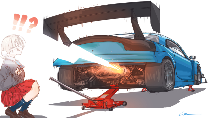 !? &gt;_&lt; 1girl blazer blonde_hair blue_bow blue_socks bow brown_footwear collared_shirt fire grey_jacket highres indie_virtual_youtuber jack_stand jacket mazda mazda_rx-7 mazda_rx-7_fd shadow shaking shigure_ui_(vtuber) shigure_ui_(vtuber)_(2nd_costume) shirt short_hair signature simana skirt socks solo spoiler_(automobile) squatting surprised vehicle_focus virtual_youtuber white_shirt
