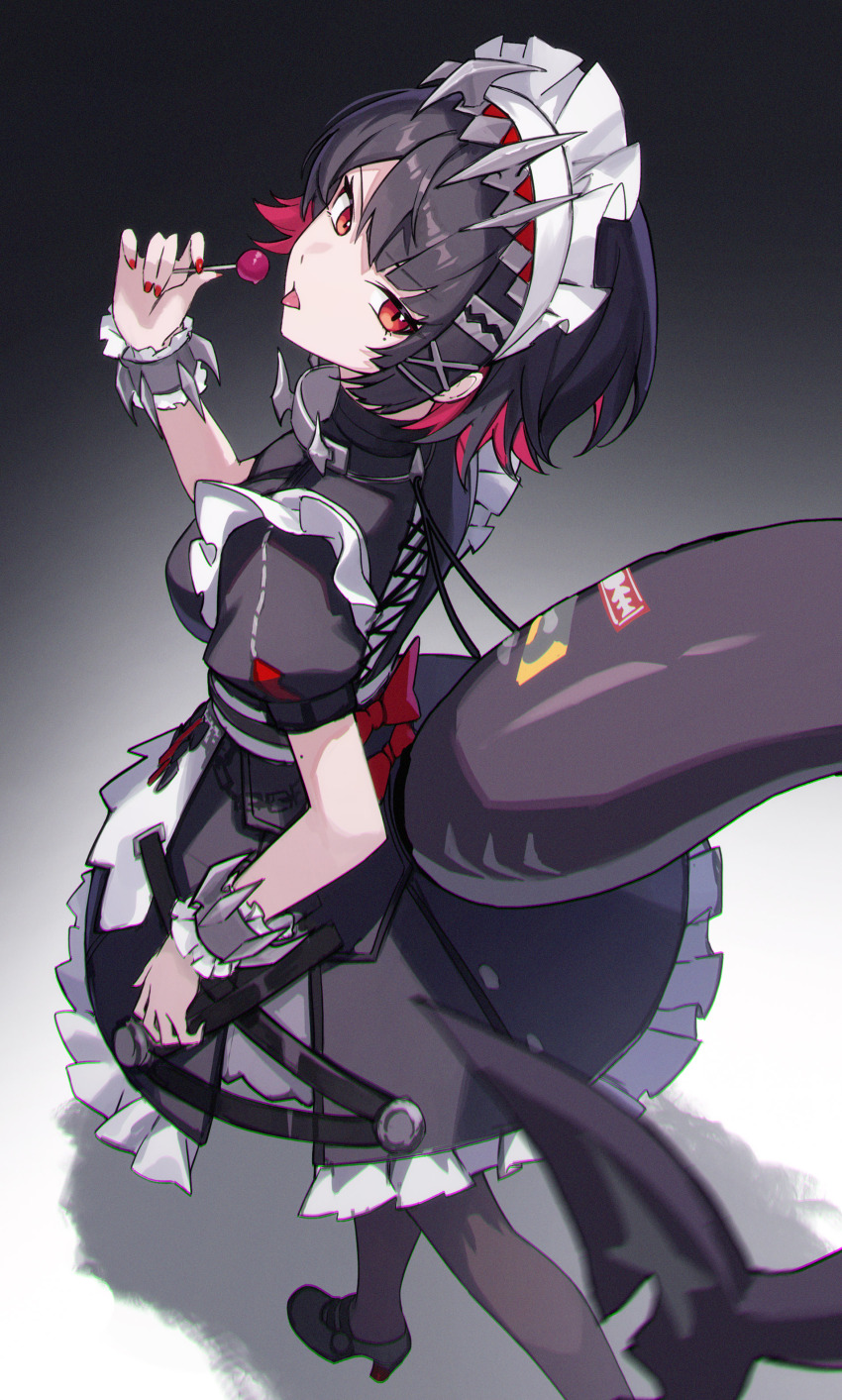 1girl absurdres apron black_hair black_pantyhose bow bowtie candy colored_inner_hair dress ellen_joe fins fish_tail food frilled_dress frilled_wrist_cuffs frills hair_ornament hairband highres holding holding_candy holding_food holding_lollipop lollipop looking_at_viewer maid maid_apron maid_headdress metal_hairband metal_wrist_cuffs mole mole_under_eye multicolored_hair nail_polish pantyhose puffy_short_sleeves puffy_sleeves red_bow red_bowtie red_eyes red_hair red_nails shali shark_girl shark_tail short_hair short_sleeves simple_background solo tail wrist_cuffs zenless_zone_zero