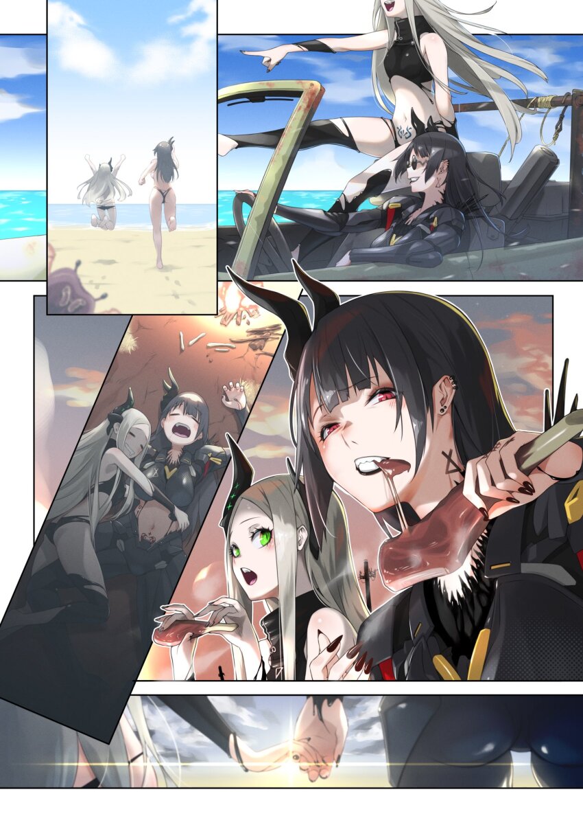 2girls armor ass behemoth_(nikke) black_armor black_bodysuit black_hair black_horns black_lips black_liquid black_nails bodysuit boobplate breastplate ear_piercing fangs forehead fune_(fune83ojj) goddess_of_victory:_nikke green_eyes grey_hair highres horns leviathan_(nikke) liquid_clothes mesugaki multiple_girls piercing pubic_tattoo red_eyes sharp_teeth smile tattoo teeth thighs topless_female