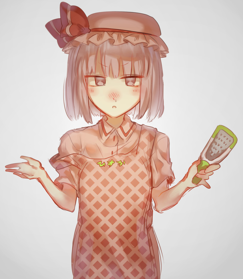 1girl apron blush commentary_request cookie_(touhou) cosplay doi gingham_apron hand_grater hat highres hisaka_(cookie) holding_grater looking_at_viewer mob_cap open_mouth pink_apron pink_hat pink_shirt purple_eyes purple_hair remilia_scarlet rurima_(cookie) rurima_(cookie)_(cosplay) shirt short_hair simple_background solo touhou upper_body v-shaped_eyebrows white_background