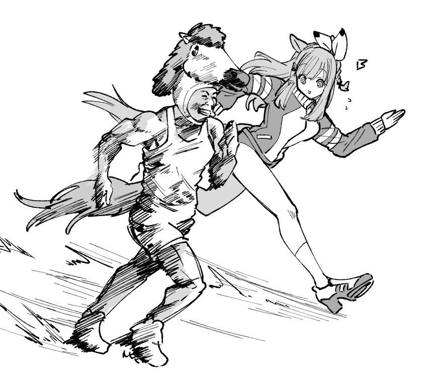 1boy 1girl ^^^ almond_eye_(umamusume) animal_ears bow braid buruma commentary flying_sweatdrops grin hair_bow high_heel_sneakers highres horse_ears horse_girl horse_hat horse_tail jacket japan_racing_association long_hair muscular muscular_male nakayama_kinni-kun parody racing real_life running scene_reference shorts sidelocks single_braid smile socks star-shaped_pupils star_(symbol) symbol-shaped_pupils tail takatsuki_nato tank_top track_jacket turning_head turtleneck umamusume