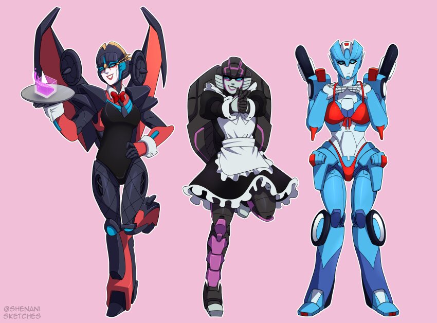 3girls absurdres apron arcee bikini blue_eyes chromia clothed_robot energon fishnets hand_on_own_hip helmet highres humanoid_robot leotard maid_apron mechanical_wings multiple_girls one_eye_closed pink_background playboy_bunny red_bikini red_lips robot robot_girl shenani swimsuit transformers windblade wings