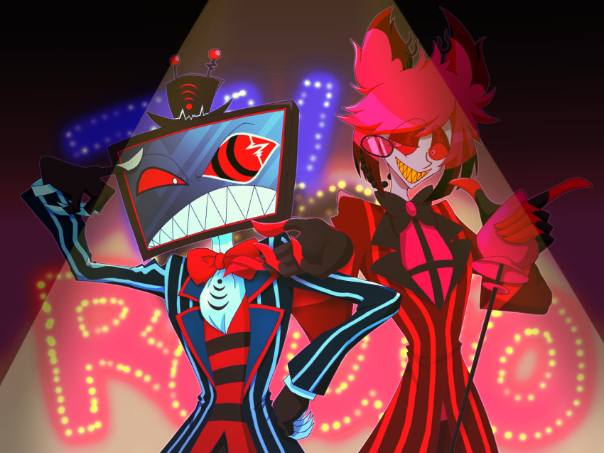 2boys alastor_(hazbin_hotel) animal_ears ayanamya black_headwear blue_teeth bow bowtie circle_facial_mark coat colored_sclera colored_skin deer_boy deer_ears demon demon_boy dress formal_clothes gloves gold_teeth grin hat hazbin_hotel holding jacket male_focus microphone monocle monocle_chain multiple_boys object_head pink_sclera red_eyes red_hair red_sclera red_suit sharp_teeth short_hair signal_bar smile solid_eye striped_clothes striped_coat striped_vest suit teeth top_hat traditional_bowtie two-tone_hat vertical-striped_clothes vertical-striped_vest vest vintage_microphone vox_(hazbin_hotel) yellow_teeth