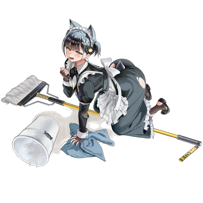 1girl all_fours anchor_hair_ornament animal_ear_fluff animal_ears apron ass black_dress black_footwear black_hair black_necktie blush breasts brown_gloves brown_thighhighs bucket bucket_spill collar collared_dress defeat dog_ears dog_girl dog_tail dress elbow_gloves english_text fang fingerless_gloves frilled_apron frilled_skirt frills full_body game_cg gloves hair_ornament hand_on_ground high_heels highres last_origin layered_skirt long_skirt long_sleeves looking_at_viewer looking_up maid maid_apron maid_headdress medium_breasts mop multicolored_necktie necktie non-web_source official_alternate_costume official_art open_mouth puffy_sleeves pumps ribbon short_hair short_necktie short_twintails simple_background skirt slit_pupils solo spill tachi-e taesi tag tail tearing_up thick_eyebrows thighhighs tongue torn_clothes torn_dress torn_gloves torn_ribbon torn_sleeves torn_thighhighs towel transparent_background twintails vargr_(last_origin) water white_apron white_collar white_necktie white_ribbon wiping wrist_cuffs yellow_eyes yellow_necktie