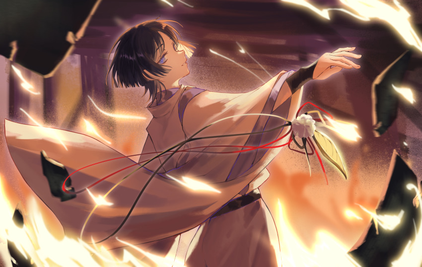 1boy absurdres enkidu207 fire fur genshin_impact highres japanese_clothes long_sleeves looking_at_viewer male_focus purple_eyes purple_hair scaramouche_(genshin_impact) scaramouche_(kabukimono)_(genshin_impact) solo straight_hair string string_of_fate wide_sleeves