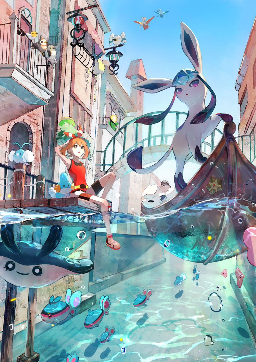 1girl absurdres alolan_form alolan_vulpix arch arm_up armpits bare_shoulders belt bike_shorts bird black_undershirt blue_sky boat bow_hairband bridge bubble building canal commentary_request finneon fish fletchling from_below gen_2_pokemon gen_3_pokemon gen_4_pokemon gen_5_pokemon gen_6_pokemon gen_7_pokemon glaceon hair_ribbon hairband highres lamp lanturn latias latios legendary_pokemon looking_up luvdisc mantyke may_(pokemon) mudkip nintendo open_mouth orange_hair partially_underwater_shot pidove pier pokemon pokemon_(creature) pokemon_oras railing red_tank_top ribbon shirt shorts shorts_under_shorts sitting skiploom sky sleeveless sleeveless_shirt starly sunflora swablu tank_top wading water watercraft wingull yellow_belt yu_no6767