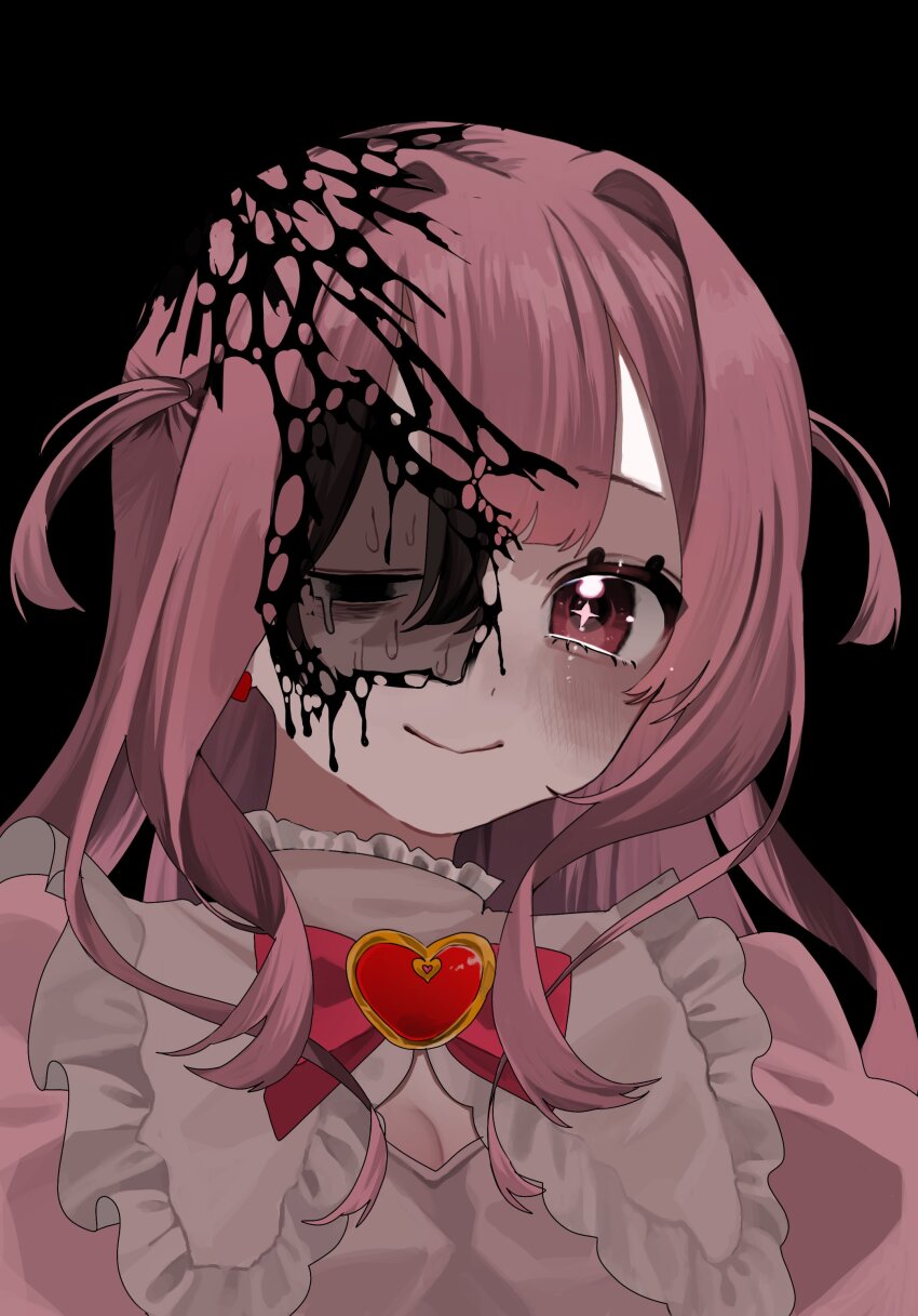 +_+ 1girl absurdres aegyo_sal bags_under_eyes black_blood blood blush bow bowtie breasts bright_pupils brooch center-flap_bangs cleavage cleavage_cutout closed_mouth clothing_cutout commentary_request double-parted_bangs earrings empty_eyes frilled_shirt_collar frills hair_intakes hair_over_shoulder hanataro_(sruvhqkehy1zied) heart heart_brooch heterochromia highres jewelry long_hair looking_at_viewer no_pupils original pink_eyes pink_hair pink_shirt portrait puffy_short_sleeves puffy_sleeves red_bow red_bowtie revealing_layer shirt short_sleeves sidelocks single_empty_eye small_breasts smile solo sweat two_side_up