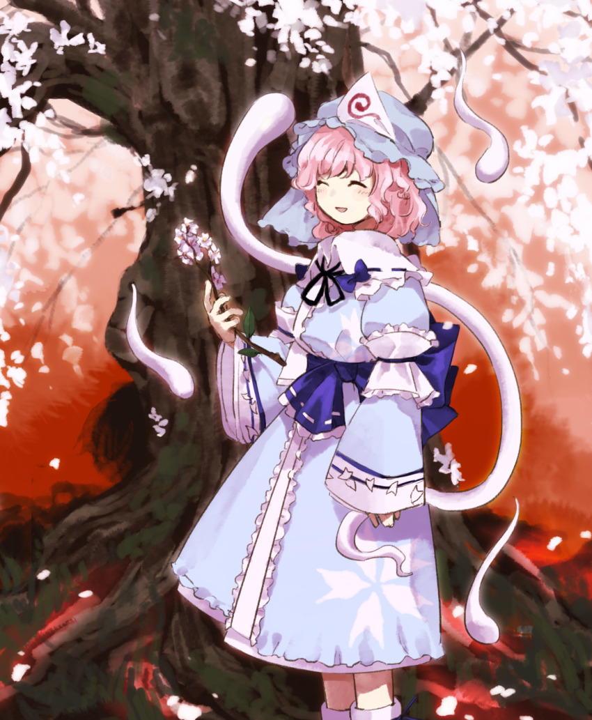 1girl blue_hat blue_kimono cherry_blossoms closed_eyes commentary_request floral_print flower frilled_kimono frills ghost hat highres hitodama holding holding_flower japanese_clothes kaigen_1025 kimono mob_cap obi pink_hair saigyou_ayakashi saigyouji_yuyuko sash sleeve_garter smile touhou tree triangular_headpiece