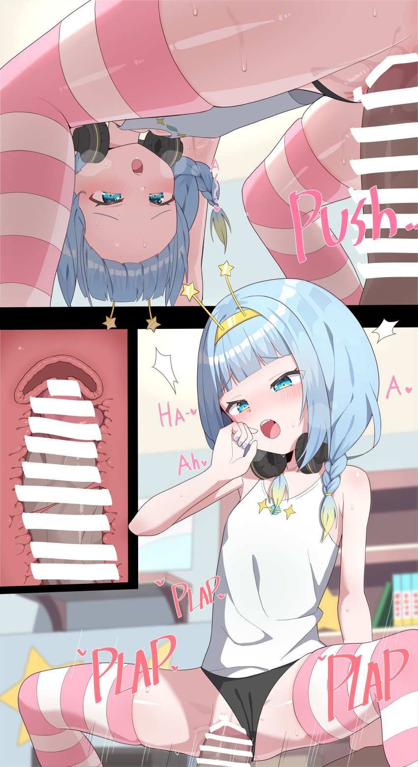 1boy 1girl absurdres bar_censor black_panties blue_hair censored clothing_aside cowgirl_position cross-section hairband headphones headphones_around_neck hetero highres jelly_hoshiumi loli looking_at_penis onion_(tamanegi) panties panties_aside penis phase_connect sex straddling striped_clothes striped_thighhighs thighhighs underwear vaginal virtual_youtuber yellow_hairband