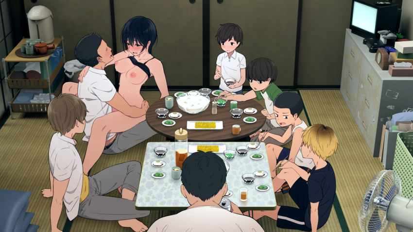 1girl 6+boys age_difference barefoot black_eyes black_hair blonde_hair blush bottomless bowl breasts breasts_out brother_and_sister brothers brown_hair buzz_cut chopsticks clothed_sex clothes_lift collared_shirt cup eating electric_fan embarrassed family father_and_son feet food from_above hair_between_eyes hetero highres holding holding_chopsticks incest indoors kemuri_haku legs medium_breasts medium_hair multiple_boys nipples no_panties open_mouth original pants school_uniform sex shirt shirt_lift short_hair siblings sitting straddling table tank_top tatami thighs toaru_daikazoku_no_okazu_jijou:_mamagawari_onee-chan_funtouki toes trash_can upright_straddle vaginal very_short_hair