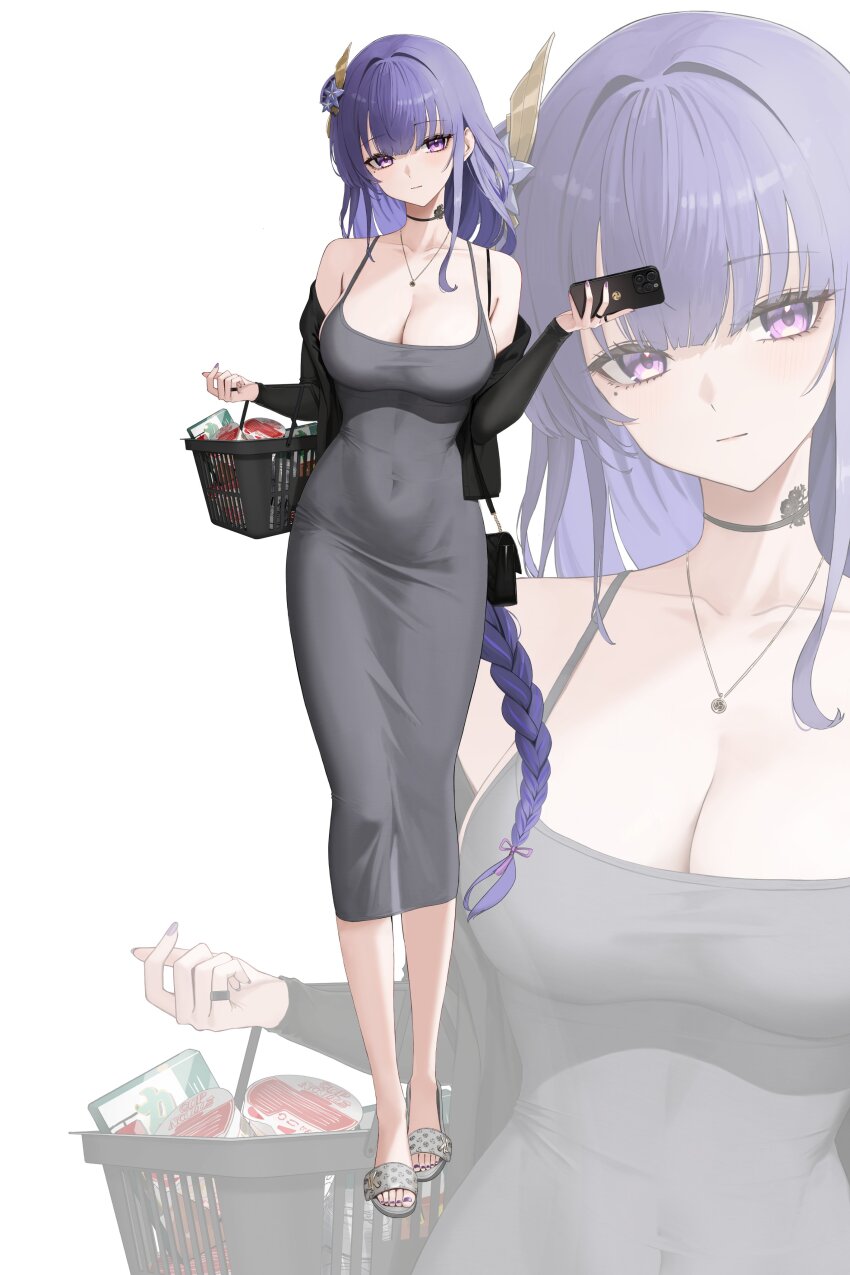 1girl absurdres alternate_costume bare_shoulders black_jacket breasts cellphone cleavage closed_mouth clothes_down collarbone commentary contemporary covered_navel dress full_body genshin_impact grey_dress hair_ornament highres holding holding_phone jacket jewelry large_breasts long_hair looking_at_viewer low-braided_long_hair low-tied_long_hair nail_polish necklace paid_reward_available phone purple_eyes purple_hair purple_nails raiden_shogun rikui_(rella2930) shopping_cart sidelocks simple_background smartphone solo toenail_polish toenails toes very_long_hair white_background zoom_layer