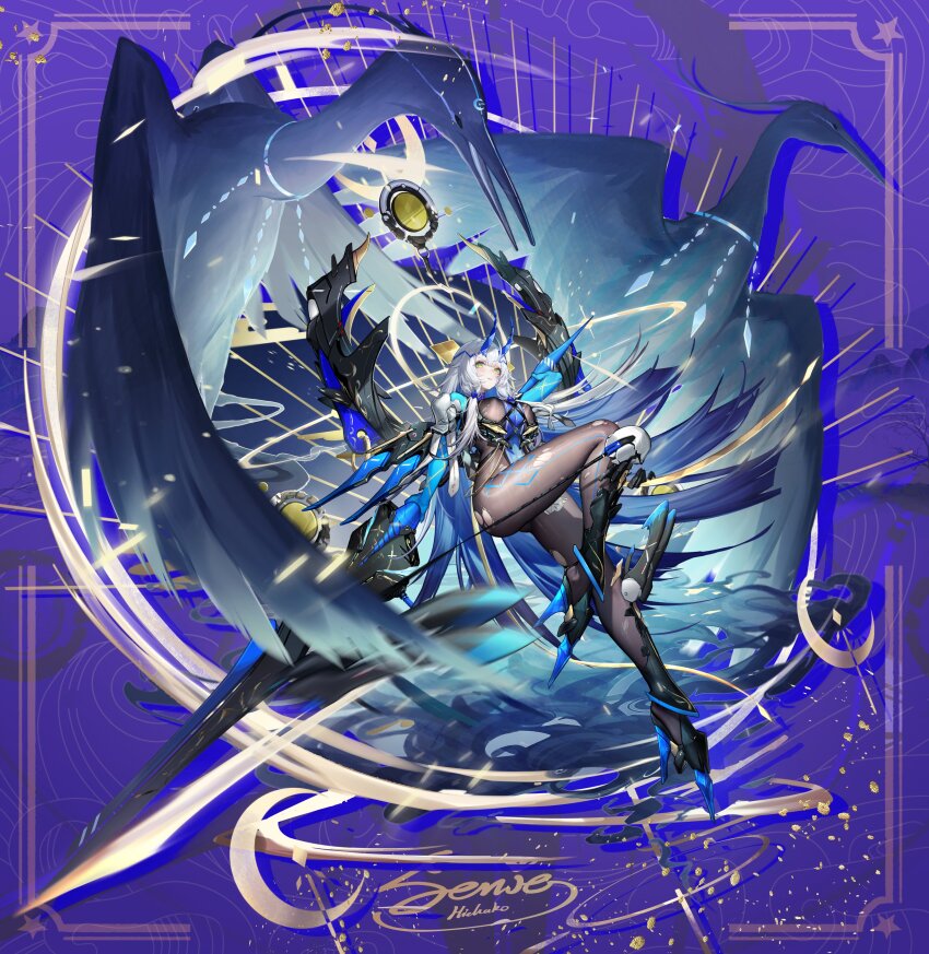 1girl absurdres artist_name bird black_bodysuit black_boots blue_hair blue_horns bodysuit boots breasts crosscore dk.senie full_body green_eyes highres holding holding_behind_back holding_weapon_behind_back horns huge_weapon large_breasts looking_at_viewer mechanical_wings pelvic_curtain purple_background solo weapon white_hair wings