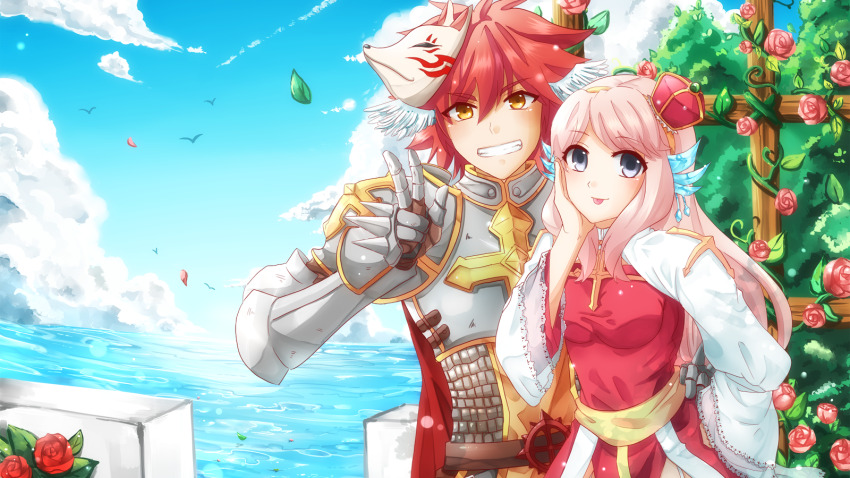 1boy 1girl arch_bishop_(ragnarok_online) armor blue_sky blush breastplate cape chainmail cloud commentary commission couple cross crown day dress english_commentary flower fox_mask grey_eyes grin hetero highres himitsu_(dark_nao) juliet_sleeves leaf long_hair long_sleeves looking_at_viewer lord_knight_(ragnarok_online) mask mask_on_head mini_crown ocean pauldrons pink_flower pink_hair pink_rose puffy_sleeves ragnarok_online red_cape red_dress red_flower red_hair red_rose rose sash short_hair shoulder_armor sky smile spiked_gauntlets two-tone_dress upper_body v white_dress yellow_eyes yellow_sash