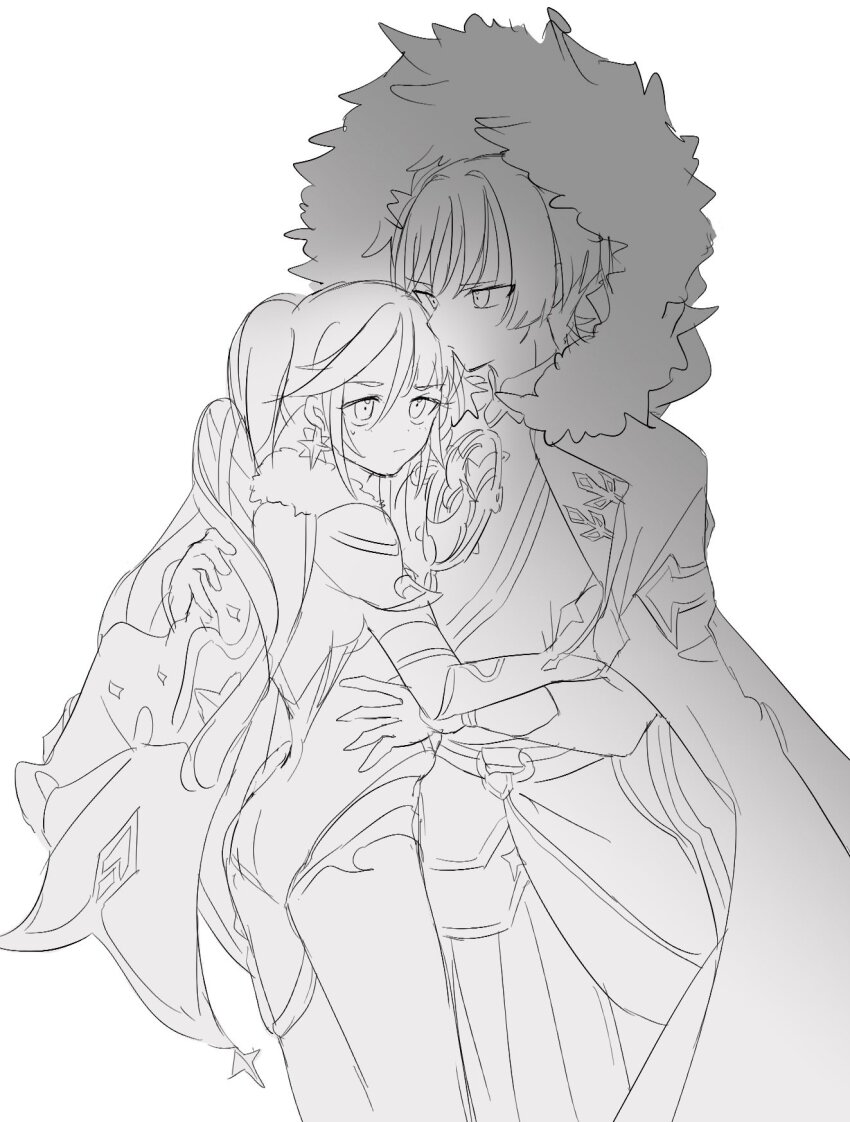 1boy 1girl armor ass blunt_ends bodysuit cape closed_mouth coat detached_sleeves earrings elbow_gloves eyelashes fatui_coat fur_collar fur_hood genshin_impact gloves greyscale hair_between_eyes hand_on_another&#039;s_waist hat height_difference hetero highleg highleg_leotard highres holding holding_unworn_clothes holding_unworn_hat hood hood_up hooded_coat hug iris_hapic japanese_armor japanese_clothes jewelry kimono kote leotard light_blush long_hair looking_at_another median_furrow mitsudomoe_(shape) mona_(genshin_impact) monochrome o-ring open_clothes open_coat open_kimono parted_bangs sash scaramouche_(genshin_impact) shorts sidelocks sketch star_(symbol) star_earrings sweatdrop thighlet tomoe_(symbol) twintails unworn_hat unworn_headwear winter_clothes winter_coat witch_hat