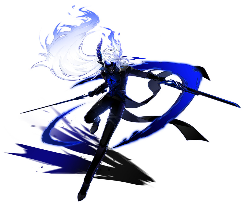 1boy armor asymmetrical_horns black_horns black_shoes blue_eyes blue_fire blue_hair ciel_(elsword) coattails darkness demon_boy demon_horns dual_wielding elsword fiery_hair fighting_stance fire floating_clothes floating_hair full_armor full_body game_cg gradient_hair hair_between_eyes highres holding holding_sword holding_weapon horns hwansang leg_up magic male_focus mismatched_horns multicolored_hair official_art pointy_ears second-party_source shoes solid_eye solo swept_bangs sword tachi-e transparent_background weapon white_hair