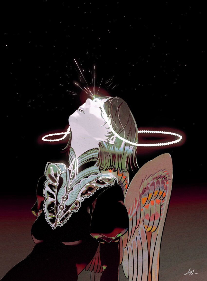 1girl absurdres angel angel_wings black_dress black_hair closed_eyes dress facing_up feathered_wings glowing gradient_background halo head_back highres juliet_sleeves long_sleeves looking_up original parted_lips puffy_sleeves short_hair signature sky solo star_(sky) toktin_zq upper_body white_wings wings