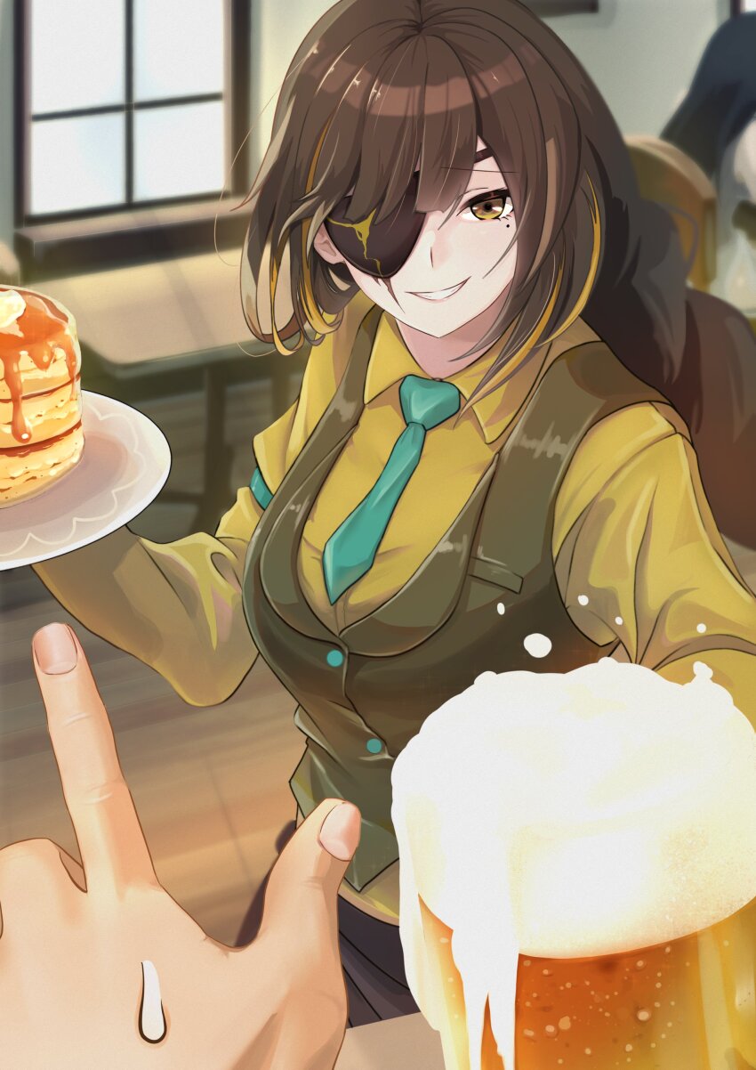 1boy 1girl absurdres alcohol beer beer_glass blue_necktie blunt_bangs braid brown_eyes brown_hair brown_vest commission eyepatch food girls&#039;_frontline highres holding holding_plate long_hair long_sleeves looking_at_viewer m16a1_(fairy_kingdom_brew)_(girls&#039;_frontline) m16a1_(girls&#039;_frontline) mole mole_under_eye necktie pancake plate sawari_66 scar scar_across_eye scar_on_face shirt skeb_commission smile table vest window yellow_shirt