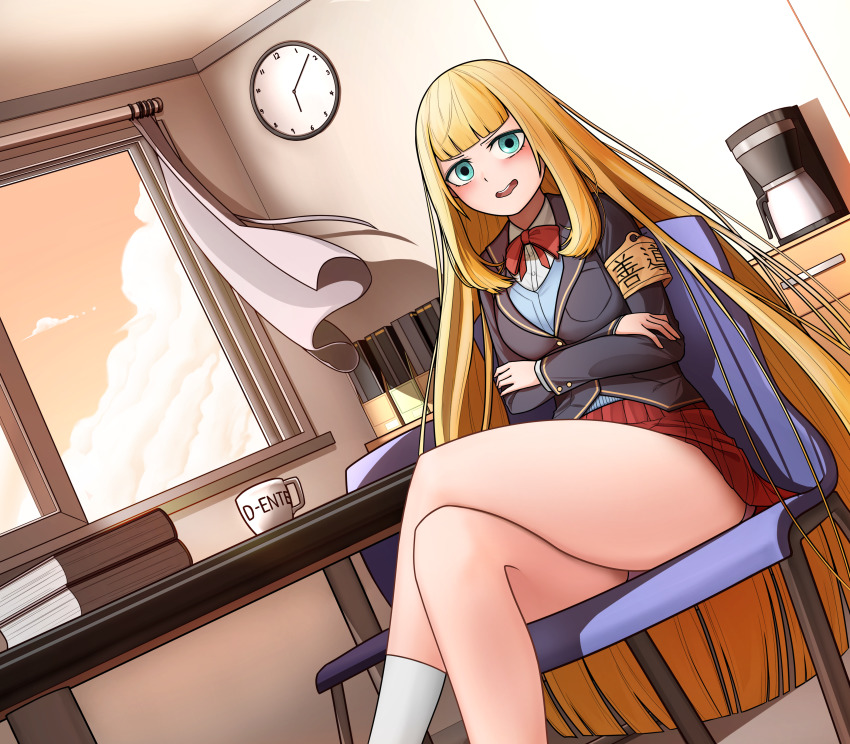 1girl absurdres armband blazer blonde_hair blue_eyes blue_rabbit_(pixiv_8508869) blush book cardinal_armand clock coffee_maker crossed_legs cup dusk dutch_angle highres jacket last_origin long_hair looking_at_viewer mug open_mouth open_window pleated_skirt red_skirt school_uniform skirt smile solo very_long_hair wall_clock window