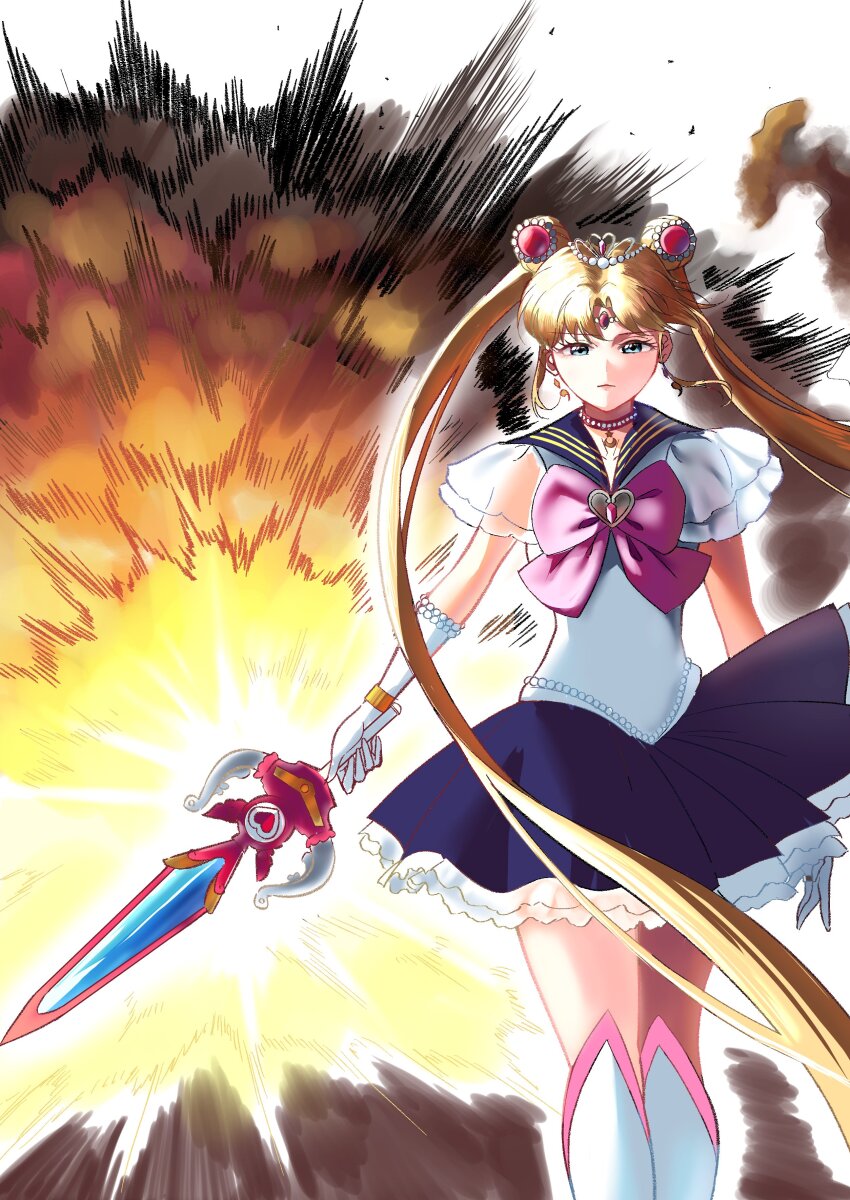 1girl absurdres back_bow bishoujo_senshi_sailor_moon blonde_hair blue_eyes blue_sailor_collar blue_skirt boots bow bowtie brooch choker circlet crescent crescent_earrings double_bun earrings elbow_gloves explosion gem gloves gold_earrings hair_bun heart high_heel_boots high_heels highres holding holding_sword holding_weapon jewelry leotard long_hair magical_girl miniskirt mismatofuture parted_bangs pearl_(gemstone) pendant_choker pink_boots pink_bow pleated_skirt pretty_guardian_sailor_moon princess_sailor_moon princess_sword red_bow red_bowtie red_choker sailor_collar sailor_moon sailor_senshi_uniform see-through_clothes shirt short_sleeves skirt solo standing sword tsukino_usagi very_long_hair weapon white_gloves white_leotard white_shirt