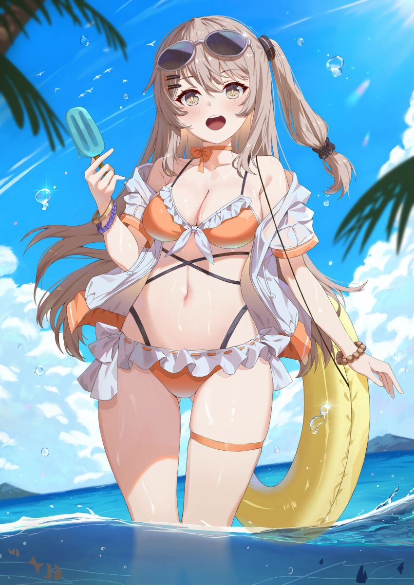1girl alternate_costume bead_bracelet beads bikini blue_sky blush bracelet breasts brown_hair calder_(pixiv3698273) cleavage cloud collarbone commentary_request eyewear_on_head food frilled_bikini frills girls&#039;_frontline gold_bracelet grey_eyes hair_ornament hairclip highres holding holding_food holding_popsicle innertube jacket jewelry k2_(girls&#039;_frontline) looking_at_viewer neck_ribbon ocean off_shoulder one_side_up open_clothes open_jacket open_mouth orange_bikini orange_ribbon partially_submerged popsicle ribbon see-through_clothes see-through_jacket simple_bird skindentation sky solo sun_glare sunglasses swim_ring swimsuit teeth thigh_strap upper_teeth_only white_jacket yellow_pupils yoohee_(girls&#039;_frontline_2)