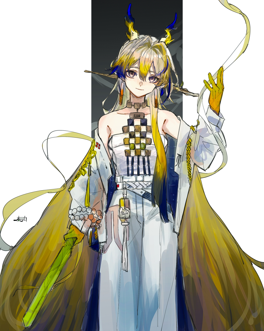 1girl absurdres arknights bare_shoulders bead_bracelet beads blue_hair bracelet breasts chinese_commentary choker colored_skin colored_tips commentary_request dragon_girl dragon_horns earrings green_hair grey_hair harukan_tiusu highres holding holding_sword holding_weapon horns jacket jewelry long_hair long_sleeves multicolored_hair off_shoulder pants pointy_ears shirt shu_(arknights) small_breasts solo strapless strapless_shirt sword tassel tassel_earrings very_long_hair weapon white_background white_jacket white_pants white_shirt