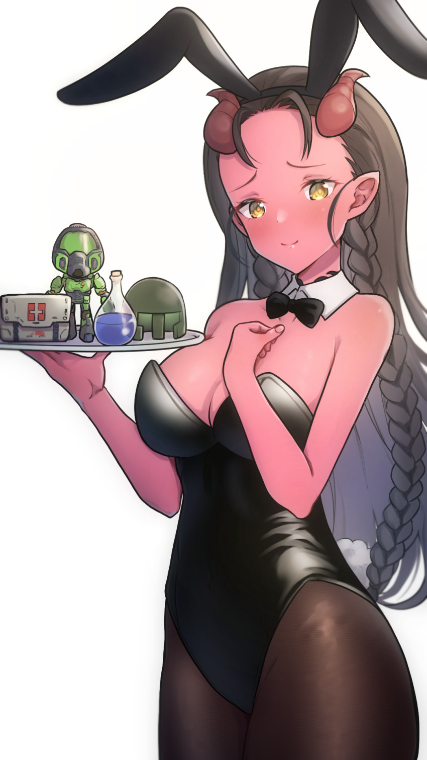 1girl animal_ears bare_shoulders black_bow black_bowtie black_choker black_hair black_pantyhose black_suit blush bow bowtie braid breasts character_doll choker colored_skin dahlia_(day_of_wrath) day_of_wrath_(infinitypilot) demon demon_girl demon_horns doll doom_(series) doom_eternal doomguy embarrassed fanfic fantasy figure first_aid_kit formal_clothes helmet highres holding holding_plate horns kwrrrrrr large_breasts leotard light_blush light_smile long_hair looking_at_viewer maid model monster_girl neck_tattoo nymph original pantyhose plate playboy_bunny pointy_ears potion rabbit_ears rabbit_tail raised_eyebrows red_skin ringed_eyes shy slave_tattoo smile solo suit tail tattoo tiefling toy tray waitress yellow_eyes