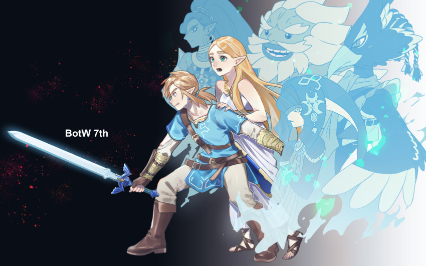 3boys 3girls anniversary bare_arms behind_another belt bird_boy black_background blonde_hair blue_eyes blue_tunic boots brown_belt brown_boots brown_gloves brown_sandals champion&#039;s_tunic_(zelda) commentary_request daruk dress earrings fingerless_gloves fish_girl fold-over_boots gerudo ghost gladiator_sandals gloves goron gradient_background green_eyes hand_on_another&#039;s_shoulder highres holding holding_sword holding_weapon jewelry legs_apart link long_dress long_hair master_sword medium_hair mipha multiple_boys multiple_girls necklace nintendo oshinomiya pants pointy_ears ponytail princess_zelda revali rito sandals short_ponytail shoulder_belt sidelocks standing straight_hair strapless strapless_dress sword the_legend_of_zelda the_legend_of_zelda:_breath_of_the_wild tunic urbosa weapon white_background white_dress white_pants zora