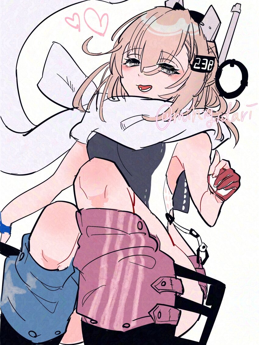1girl blonde_hair blue_gloves blush breasts gloves green_eyes hair_between_eyes heart highres kantai_collection long_finger long_hair looking_at_viewer medium_breasts mihigidari one-piece_swimsuit partially_fingerless_gloves red_gloves scarf solo swimsuit thighs twitter_username wahoo_(kancolle) white_background