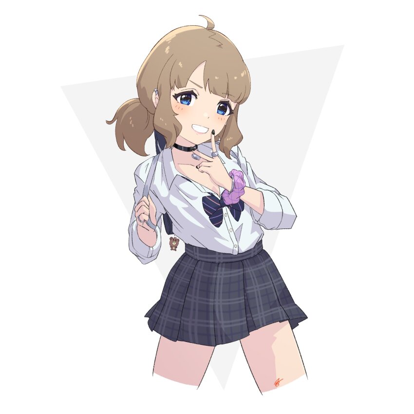 1girl ahoge bag bear_charm black_bow black_bowtie black_choker black_nails blue_eyes blush bow bowtie brown_hair choker collarbone collared_shirt commentary concept_gyarus_(idolmaster) cropped_legs diagonal-striped_bow diagonal-striped_bowtie diagonal-striped_clothes grey_skirt grin gyaru hand_up heart heart_choker highres holding_strap idolmaster idolmaster_million_live! idolmaster_million_live!_theater_days jewelry long_sleeves looking_at_viewer loose_bowtie nail_polish open_collar plaid_clothes plaid_skirt pleated_skirt ponytail ring shirt short_hair signature simple_background skirt smile solo splashab striped_clothes suou_momoko v white_background white_shirt