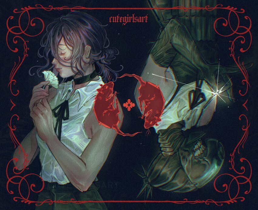 1girl apron black_apron black_choker black_hair black_ribbon bomb_devil_(chainsaw_man) chainsaw_man choker closed_eyes closed_mouth collared_shirt cutegirlsart flower highres holding holding_flower neck_ribbon object_head reze_(chainsaw_man) ribbon shirt shirt_tucked_in sleeveless sleeveless_shirt white_flower white_shirt