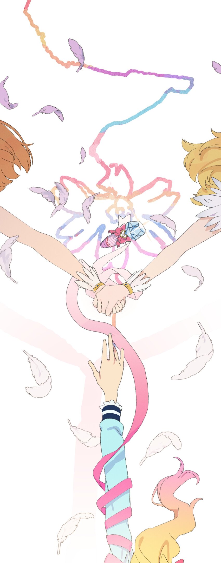 3girls absurdres aikatsu! aikatsu!_(series) aikatsu_stars! blonde_hair blue_shirt falling_feathers feathers gradient_hair highres holding_hands hoshimiya_ichigo in-franchise_crossover long_sleeves microphone multicolored_hair multiple_girls nijino_yume orange_hair out_of_frame outstretched_arm ozora_akari pink_hair saitou_atsushi_(kamatamanankotu) school_uniform shirt simple_background two-tone_hair white_background wrist_cuffs yotsuboshi_academy_school_uniform