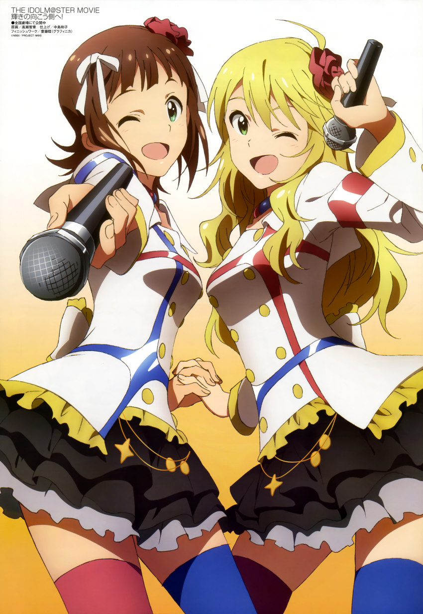 2girls ;d absurdres ahoge amami_haruka asymmetrical_legwear blonde_hair blue_thighhighs blush bow brown_hair buttons cowboy_shot flipped_hair flower foreshortening frills from_side gradient_background green_eyes hair_flower hair_ornament hair_ribbon hand_up highres holding holding_hands hoshii_miki idol idolmaster idolmaster_(classic) idolmaster_movie jewelry long_hair long_sleeves looking_at_viewer megami_magazine microphone mismatched_legwear multicolored_legwear multiple_girls neck_ring non-web_source official_art one_eye_closed open_mouth orange_background outstretched_arm red_legwear ribbon scan short_hair skirt smile takase_tomoaki thighhighs wavy_hair wink zettai_ryouiki