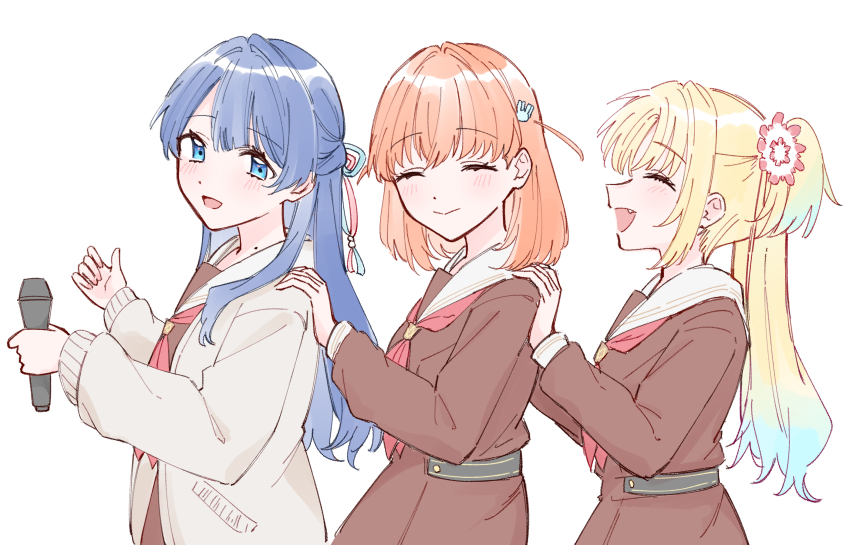 3girls :d ^_^ blonde_hair blue_eyes blue_hair blue_ribbon blush brown_dress cardigan closed_eyes commentary dress fang flower grey_cardigan hair_flower hair_ornament hair_ribbon half_updo hands_on_another&#039;s_shoulders hasu_no_sora_school_uniform highres hinoshita_kaho holding holding_microphone karaoke_hasu_no_sora link!_like!_love_live! long_hair long_sleeves love_it!_wonderful_trip! love_live! medium_hair microphone mole mole_on_neck multiple_girls murano_sayaka neckerchief open_cardigan open_clothes open_mouth orange_hair osawa_rurino pink_flower profile rabbit_hair_ornament red_neckerchief red_ribbon ribbon sailor_collar sailor_dress school_uniform simple_background smile twintails two_side_up virtual_youtuber white_background white_sailor_collar winter_uniform zangemiya