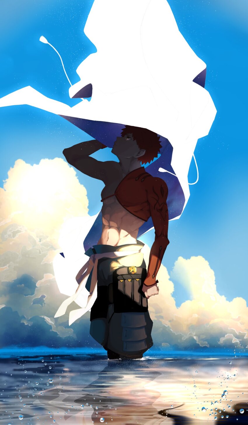 1boy abs blue_sky cape cloud emiya_shirou fate/grand_order fate_(series) highres holding holding_unworn_cape holding_unworn_clothes kamigokuin male_focus red_hair senji_muramasa_(fate) single_bare_shoulder sky solo toned toned_male unworn_cape water white_cape yellow_eyes