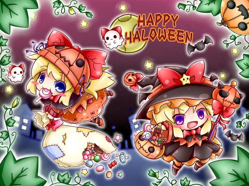 2girls alternate_costume bat_(animal) blonde_hair blue_eyes bow candy chibi eating food ghost halloween halloween_costume hat hourai_doll jack-o&#039;-lantern lollipop long_hair moon multiple_girls night open_mouth plant pumpkin purple_eyes ritateo sack shanghai_doll smile star_(symbol) touhou vines wand