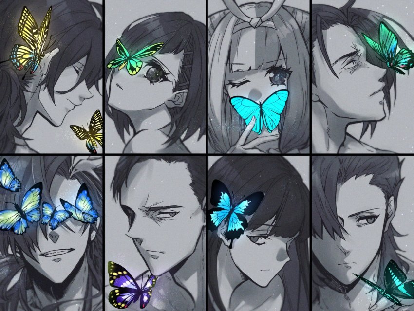 3girls 5boys aqua_butterfly bare_shoulders blue_butterfly blunt_bangs bug butterfly butterfly_on_ear butterfly_on_face butterfly_on_hand butterfly_on_mouth butterfly_on_nose butterfly_on_shoulder butterfly_over_eye closed_eyes closed_mouth column_lineup fate/grand_order fate_(series) green_butterfly grey_background greyscale grin hair_ornament hair_over_one_eye hairband hairclip hand_up insect izumo_no_okuni_(fate) light_particles long_hair looking_at_viewer low_ponytail masaki_(star8moon) medium_hair monochrome mori_nagayoshi_(fate) multicolored_hair multiple_boys multiple_girls mysterious_ranmaru_x_(fate) one_eye_closed oryou_(fate) parted_lips ponytail portrait profile purple_butterfly sakamoto_ryouma_(fate) short_hair sideways_glance smile split-color_hair spot_color streaked_hair takasugi_shinsaku_(fate) takechi_zuizan_(fate) tanaka_shinbei_(fate) yellow_butterfly