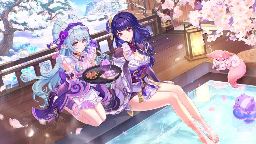 2girls animal animalization aqua_hair aratakosu_(tako&#039;s) armor bare_shoulders barefoot black_choker blue_pupils bow bowtie braid breasts bridal_gauntlets choker cleavage dango detached_sleeves drink electro_symbol_(genshin_impact) fan_hair_ornament feet flower food fox frilled_hairband frills genshin_impact hair_flower hair_ornament hairband highres holding holding_drink japanese_clothes kimono lantern legs long_hair looking_at_viewer low-braided_long_hair low-tied_long_hair milk mole mole_under_eye multiple_girls nail_polish obi obiage obijime onsen parted_bangs pink_fur pink_kimono pointy_ears purple_eyes purple_hair purple_kimono purple_nails raiden_shogun red_bow red_bowtie red_ribbon red_sash ribbon sanshoku_dango sash shoulder_armor shrug_(clothing) sidelocks slime_(genshin_impact) snow toenail_polish toenails tray tree vision_(genshin_impact) wagashi water yae_miko yae_miko_(fox) yumemizuki_mizuki