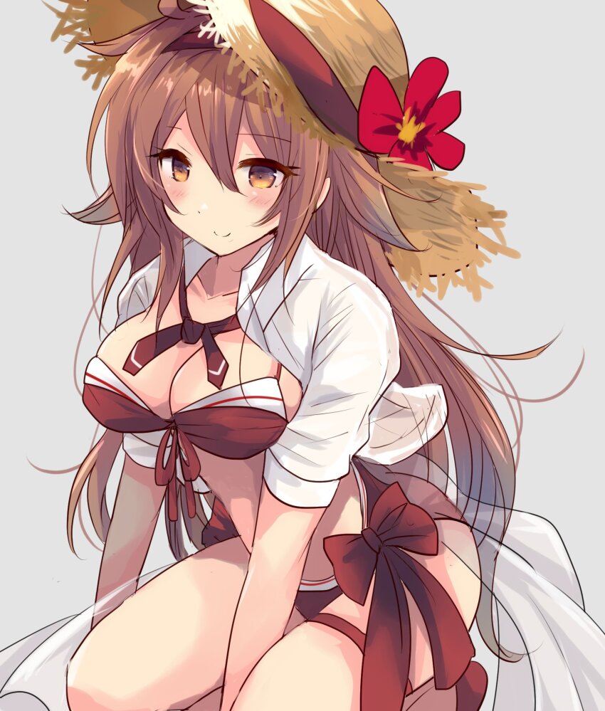 1girl bikini blush breasts brown_hair cleavage cosplay cowboy_shot front-tie_bikini_top front-tie_top grey_background hair_between_eyes hair_flaps hat highres hirune_(konekonelkk) kantai_collection long_hair looking_at_viewer medium_breasts navel red_bikini shigure_(kancolle) shigure_kai_san_(kancolle) shigure_kai_san_(kancolle)_(cosplay) shigure_kai_san_(swimsuit)_(kancolle) shiratsuyu_(kancolle) shiratsuyu_kai_ni_(kancolle) smile solo squatting straw_hat sun_hat swimsuit