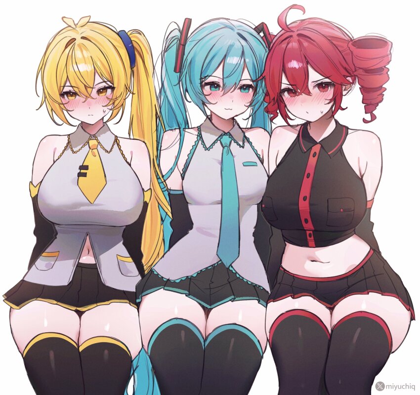 3girls ahoge akita_neru antenna_hair aqua_eyes aqua_hair aqua_necktie artist_name bare_shoulders black_shirt black_skirt black_sleeves black_thighhighs blonde_hair blush breasts closed_mouth cropped_shirt crossed_bangs detached_sleeves drill_hair grey_shirt hair_between_eyes hatsune_miku highres kasane_teto large_breasts long_hair midriff miyuchiq multiple_girls navel navel_peek necktie red_eyes red_hair shirt short_necktie side_ponytail simple_background sitting skindentation skirt sleeveless sleeveless_shirt small_breasts stomach sweat thighhighs thighs tie_clip triple_baka_(vocaloid) twin_drills twintails twitter_username utau very_long_hair vocaloid white_background yellow_eyes yellow_necktie