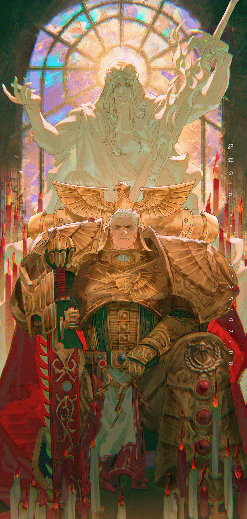 2boys armor armored_boots artist_name blue_eyes blurry boots breastplate bright_pupils candle chainsword chromatic_aberration closed_mouth commentary couter cuirass dated depth_of_field emperor_of_mankind english_commentary fire gauntlets ginias gold_armor greaves highres imperial_fists indoors kneeling laurel_crown leg_armor looking_ahead male_focus marble_(stone) marble_sculpture multiple_boys on_one_knee ornate_armor pauldrons pelvic_curtain planted planted_sword planted_weapon poleyn power_armor primarch rerebrace rogal_dorn short_hair shoulder_armor solo_focus stained_glass storm&#039;s_teeth straight-on sword the_auric_armor warhammer_40k weapon white_hair white_pupils