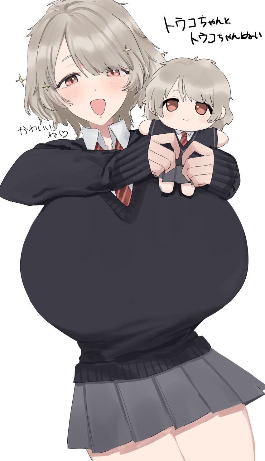 1girl :d black_sweater blush borrowed_character breasts brown_eyes brown_necktie character_doll collared_shirt commentary_request cowboy_shot doll eurasia_(wtp09ptw14) gigantic_breasts grey_hair grey_skirt happy highres holding holding_doll long_sleeves looking_at_viewer messy_hair miniskirt necktie open_mouth original pleated_skirt shirt short_hair simple_background skirt sleeves_past_wrists smile solo sparkle sparkling_aura sweater swept_bangs touko_(toome) translation_request white_background white_shirt